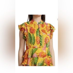 Farm Rio NWT Yellow Floral Tiered Cap Sleeve Button Pintuck Bodice Short Dress M